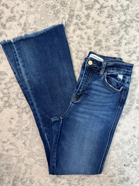 FLYING MONKEY HIGH RISE BOOT CUT DENIM BLUE JEANS RAW HEM DISTRESSED SZ 28 - Picture 8 of 14